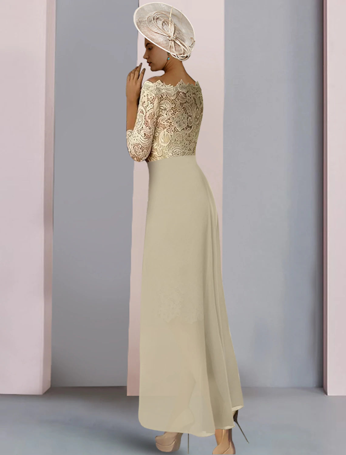 Wholesale  Sheath / Column Mother of the Bride Dress Formal Wedding Guest Elegant Scoop Neck Knee Length Chiffon Lace Half Sleeve with Appliques